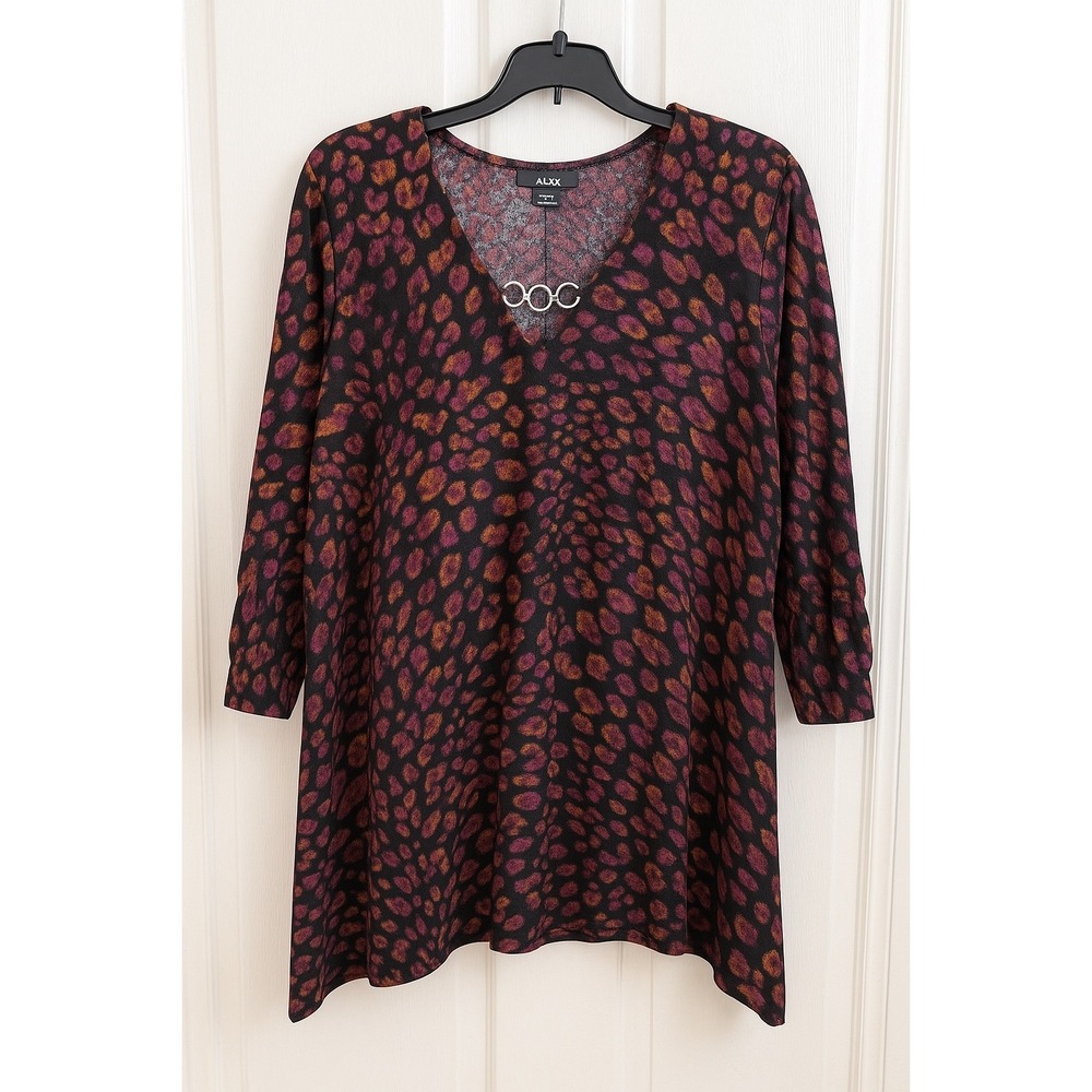 Alyx Plus‎ 1X Leopard Print Tunic Top Ring Detail V Neck 3/4 Sleeve Stretch